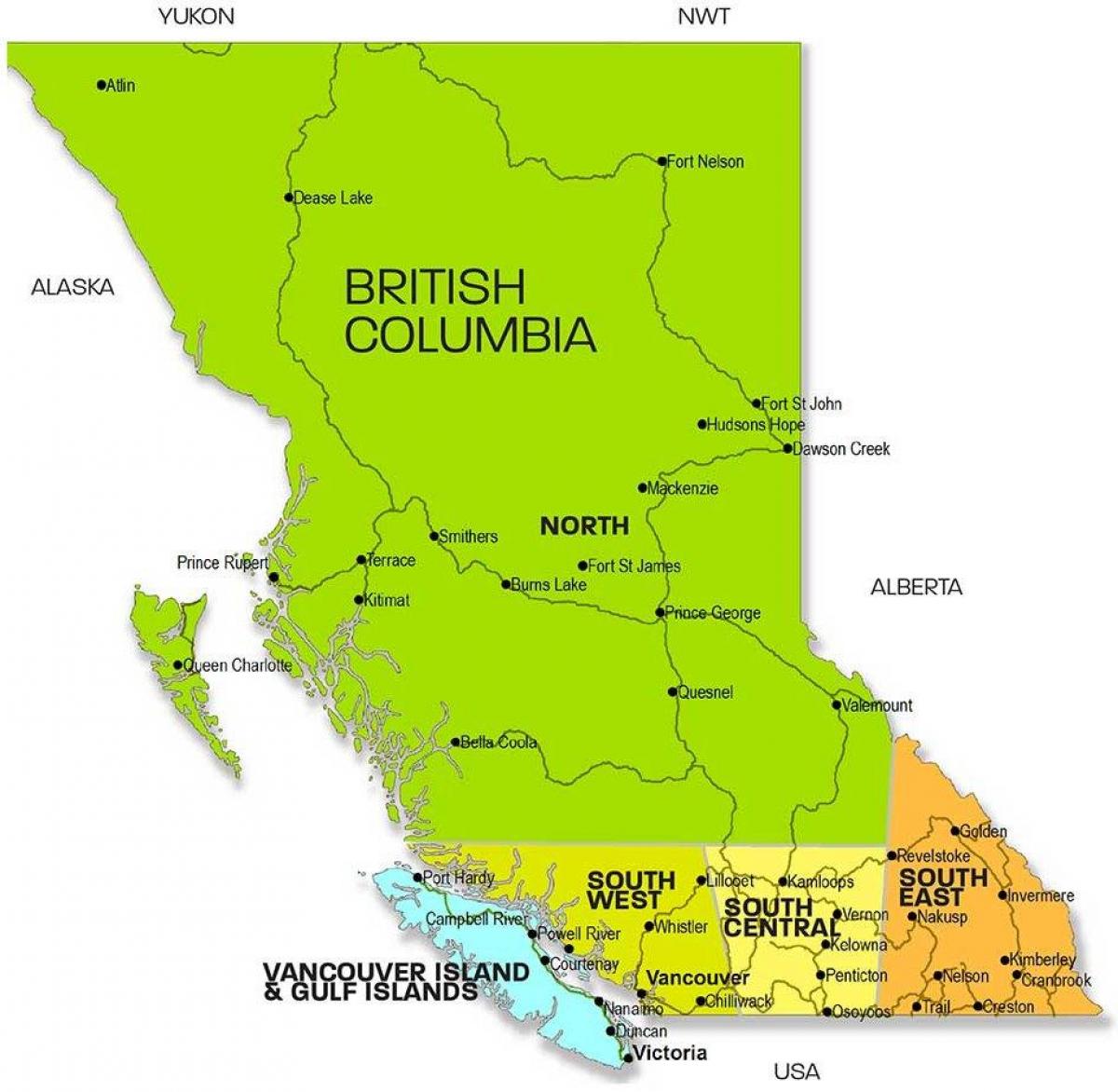 מפה של קולומביה הבריטית אזורים